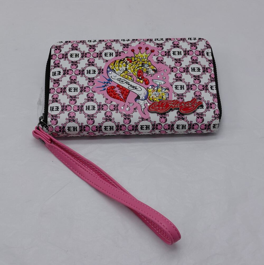 Ed Hardy Wristlet Wallet Pink Skull Print Rhinestone Y2K Revival Festival Punk